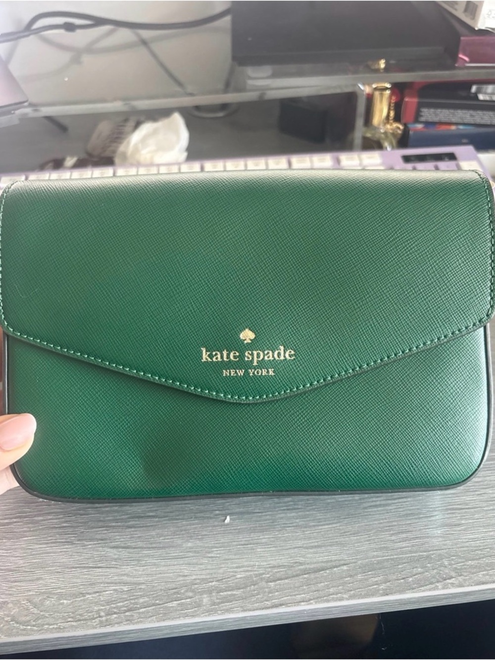Kate Spade Emerald Green Brynn Crossbody Envelope Bag with gold logo